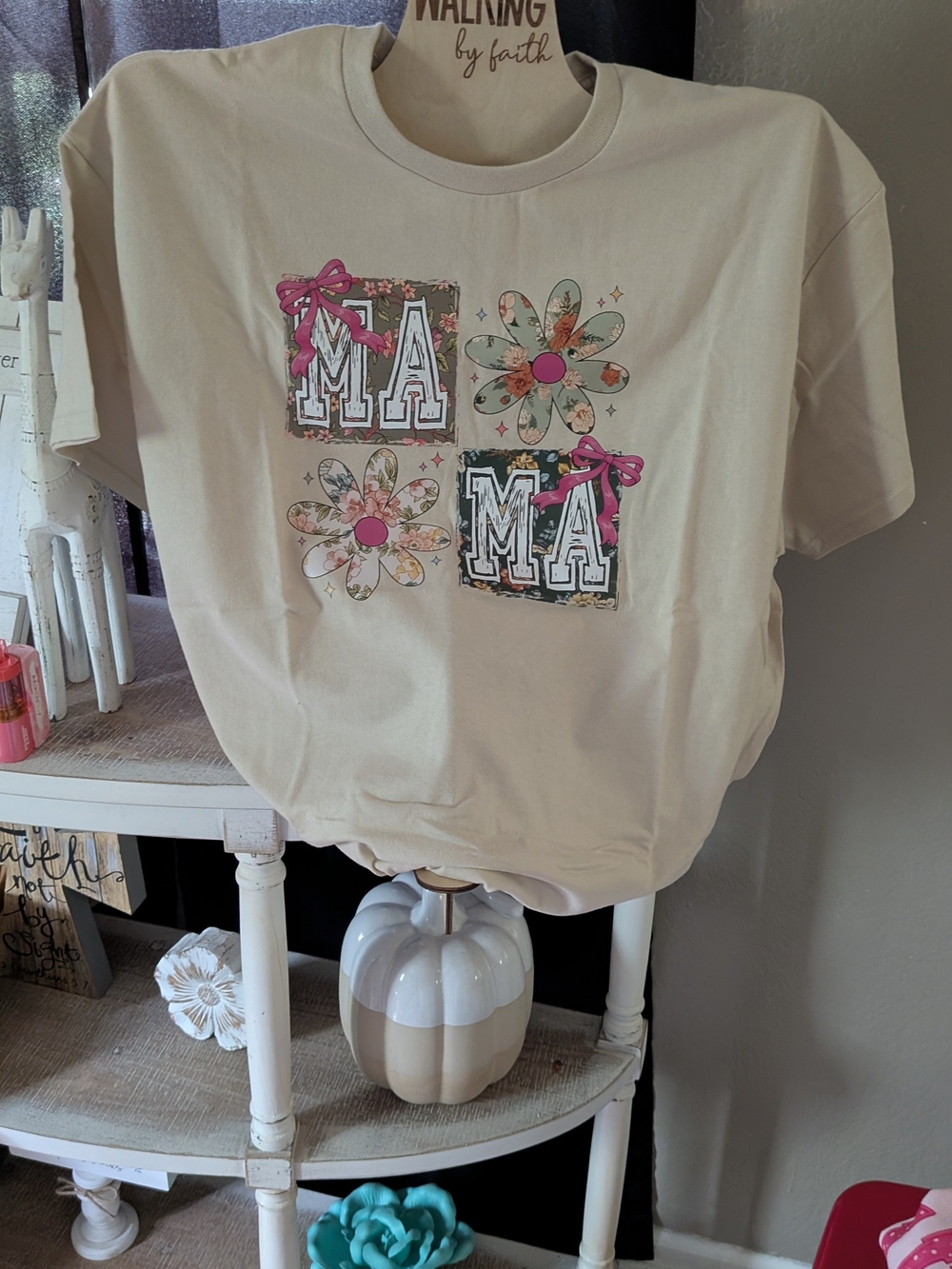 Mama Graphic Tee in Cream with Floral Accents